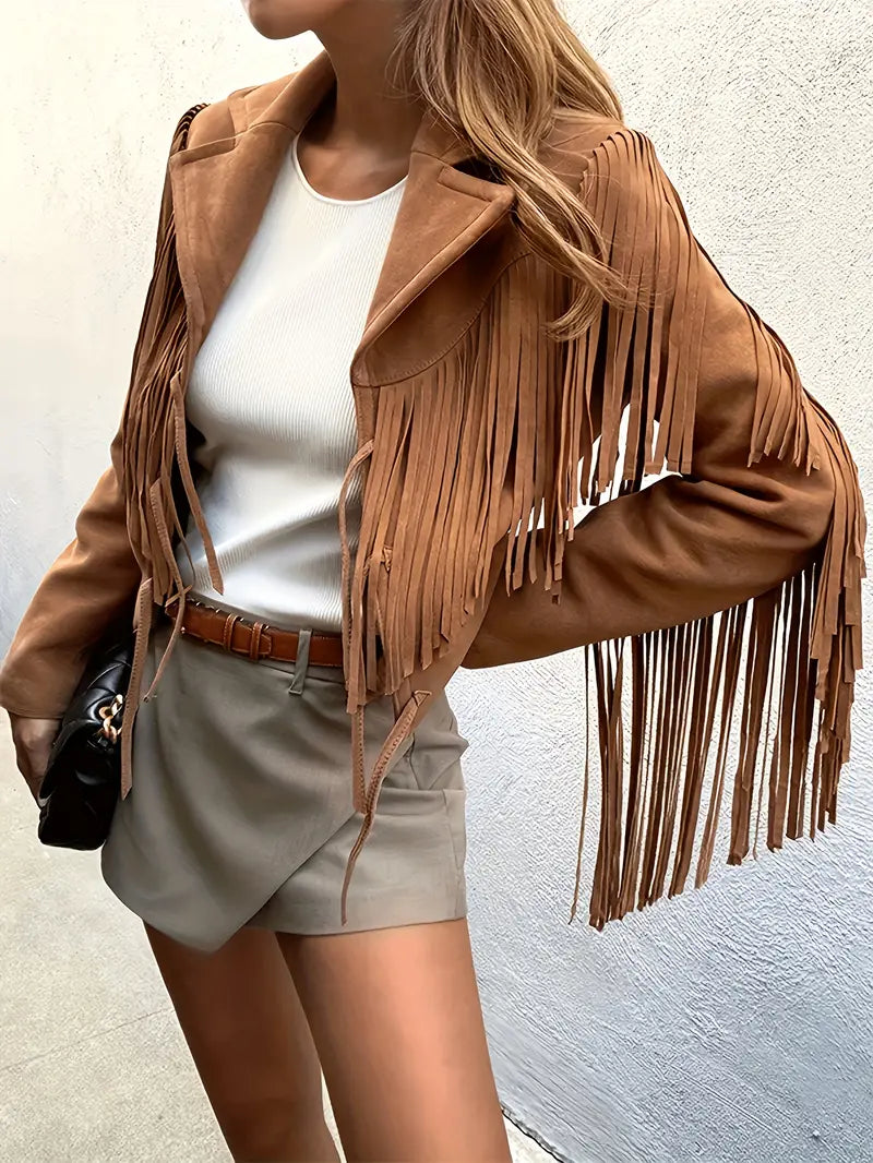 Elegante chaqueta de mujer marrón claro con frente abierto. Perfecta como prenda exterior versátil para cualquier estilo.
