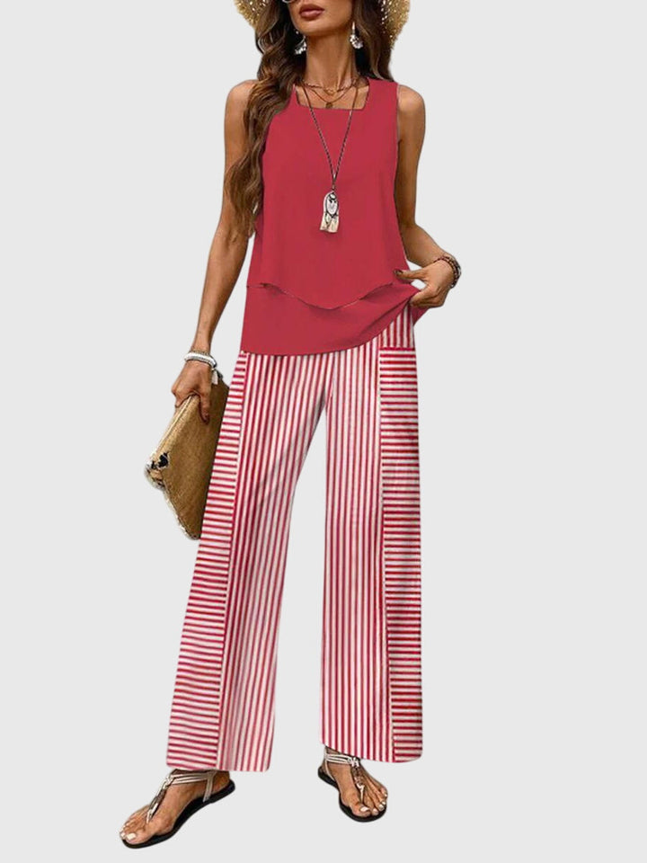 Conjunto de dos piezas para mujer con estampado floral y cuello cuadrado. Moda veraniega, fresca y cómoda.