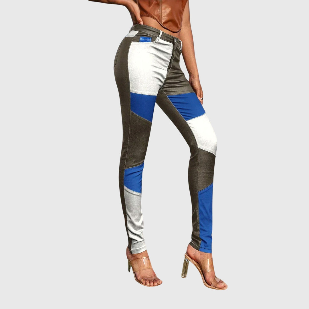 Pantalón tubo elástico mujer, bloques de color, estilo moderno y tendencia para ropa casual femenina. Cómodo.