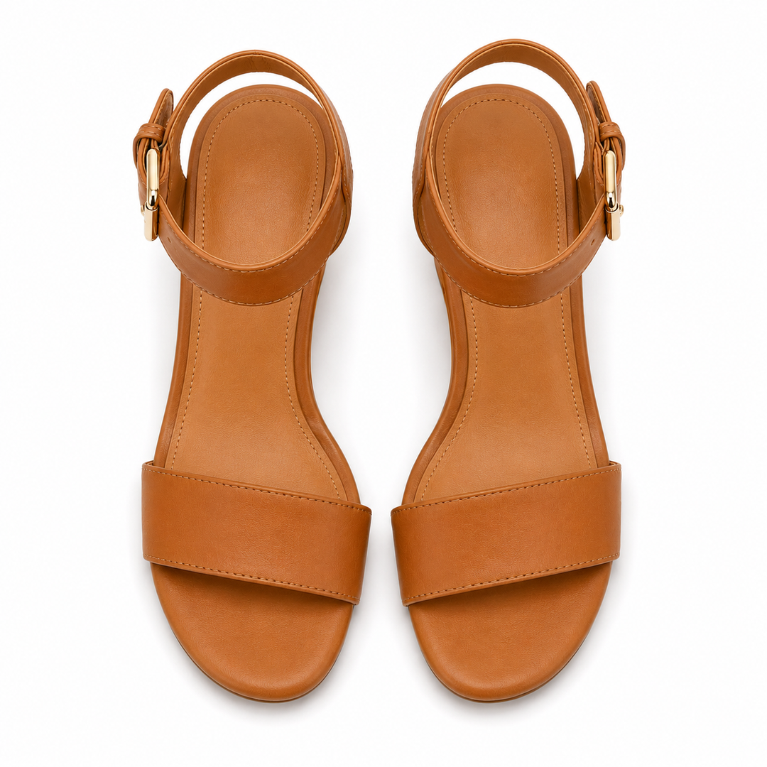 Detalle de sandalias de tacón cuadrado marrón para mujer, destacando la hebilla y el diseño de calzado femenino.