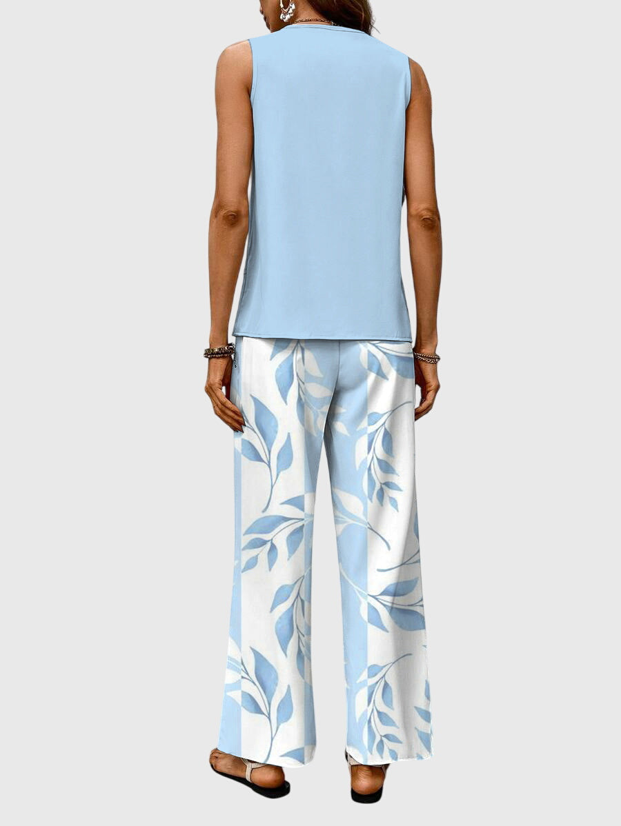 Conjunto de verano natural y elegante para mujer, dos piezas con estampado floral. Frescura y estilo casual.
