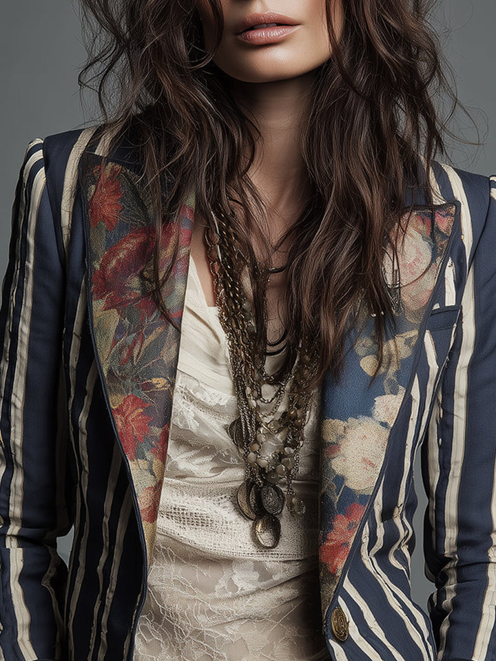 Chaqueta elegante de mujer con rayas y estampado floral, ideal para primavera, verano y otoño.
