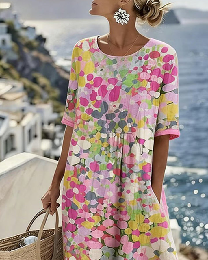 Vestido midi floral cómodo con estilo A-line, perfecto para primavera y verano.
