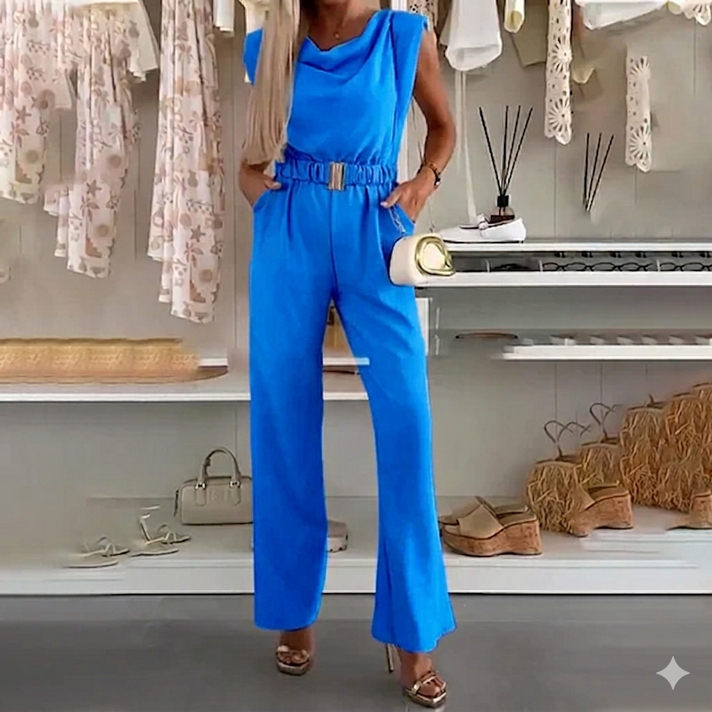 Mono de mujer moderno con pantalón ancho, diseño sin mangas y tejido drapeado para máxima comodidad.