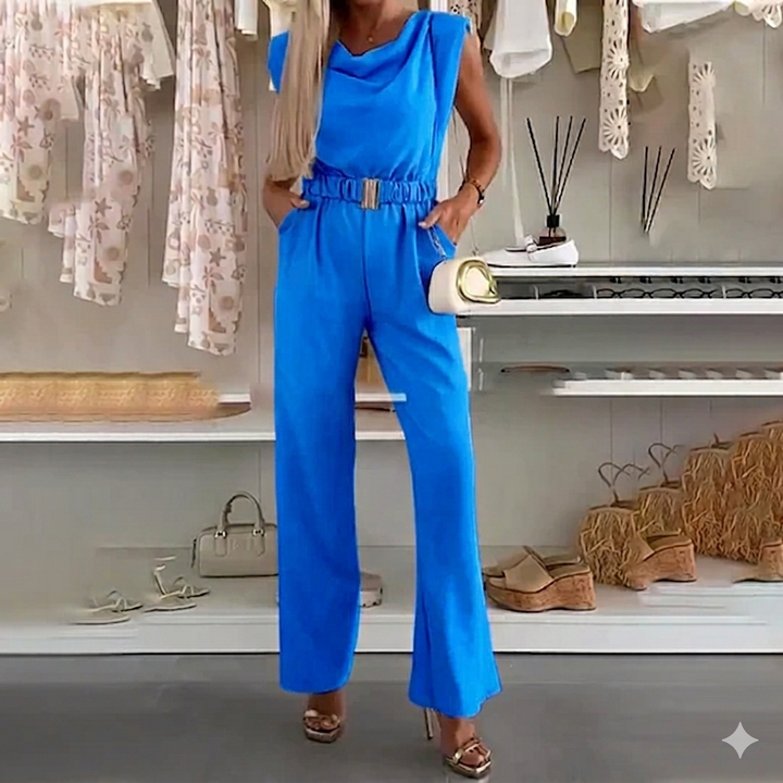 Mono de mujer moderno con pantalón ancho, diseño sin mangas y tejido drapeado para máxima comodidad.