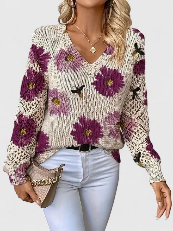 Ropa de mujer: jersey floral de cuello V, ideal para combinar en otoño e invierno. Cómodo y chic.