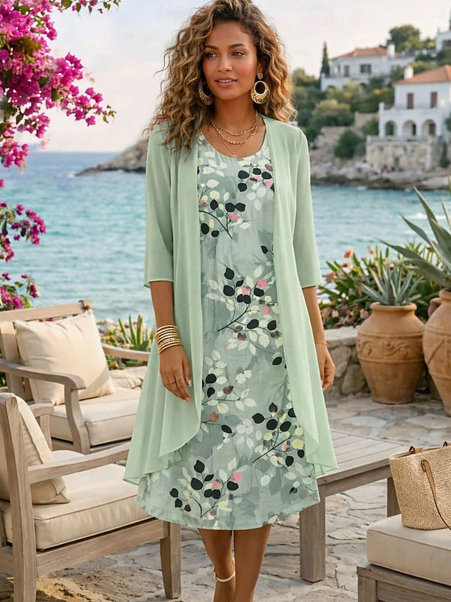 Conjunto floral de vestido sin mangas y cárdigan ligero para mujer, ideal para verano casual.