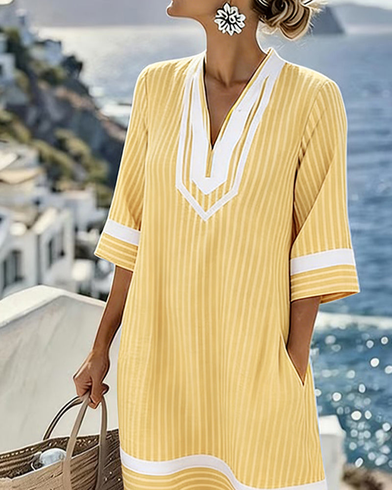 Vestido de rayas para mujer, diseño de cuello V y manga corta, ropa de verano cómoda y fresca.