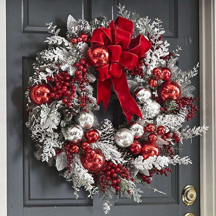 Adorno navideño preiluminado LED sin cable, estilo festivo blanco y rojo para decoración interior o exterior.