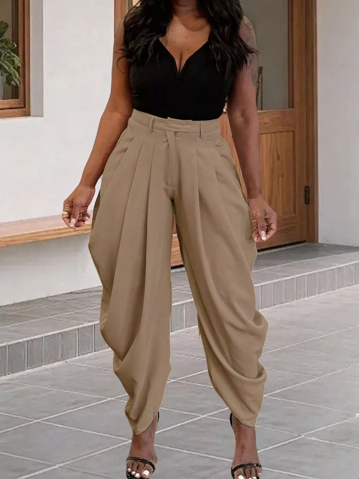 Pantalón de algodón plisado de tiro alto para mujer, estilo ancho y elegante.