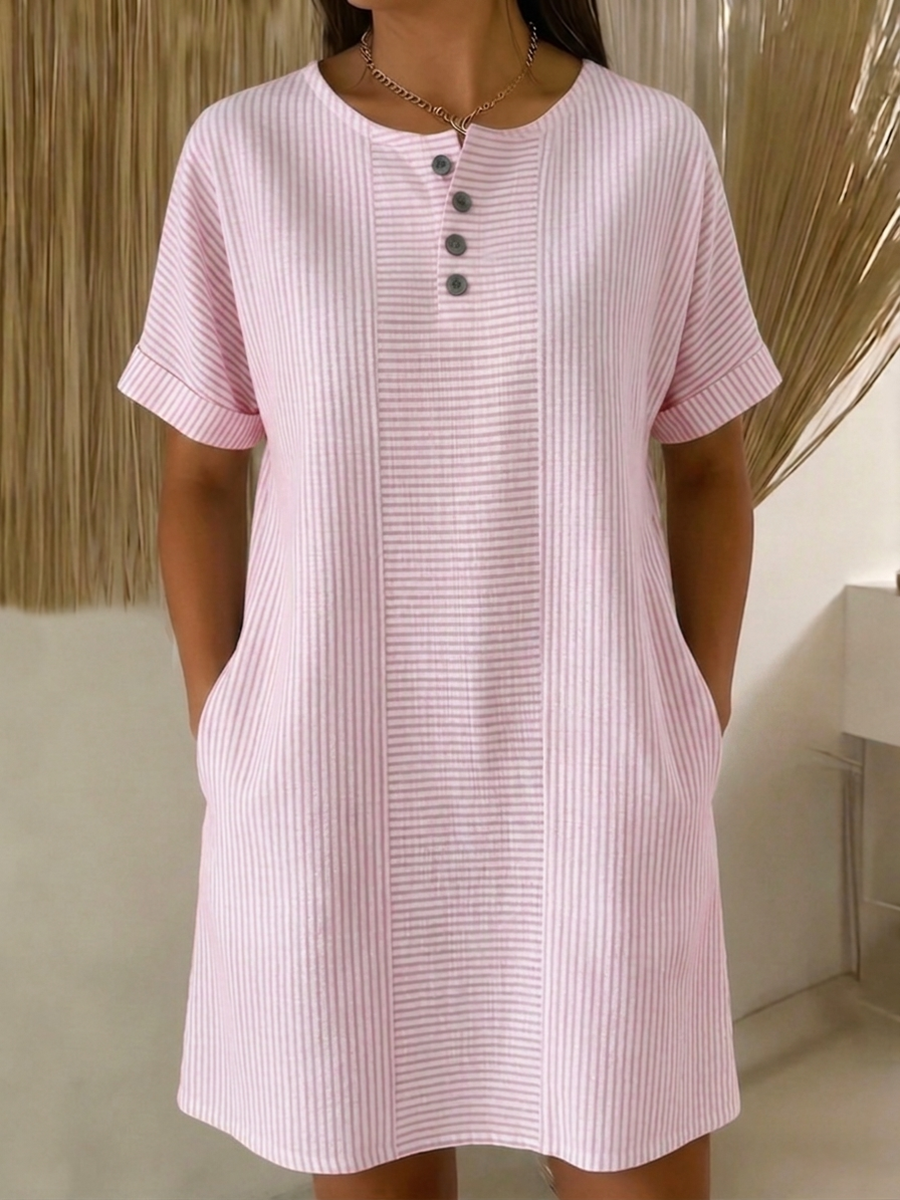 Vestido de mujer elegante y fresco, suelto, de algodón y lino con botones, ideal para clima cálido.