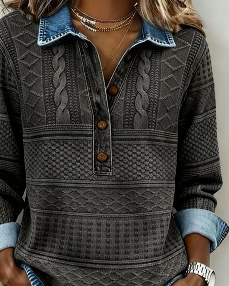 Sudadera hombre casual con medio botón y cuello denim. Estilo moderno para cualquier ocasión.
