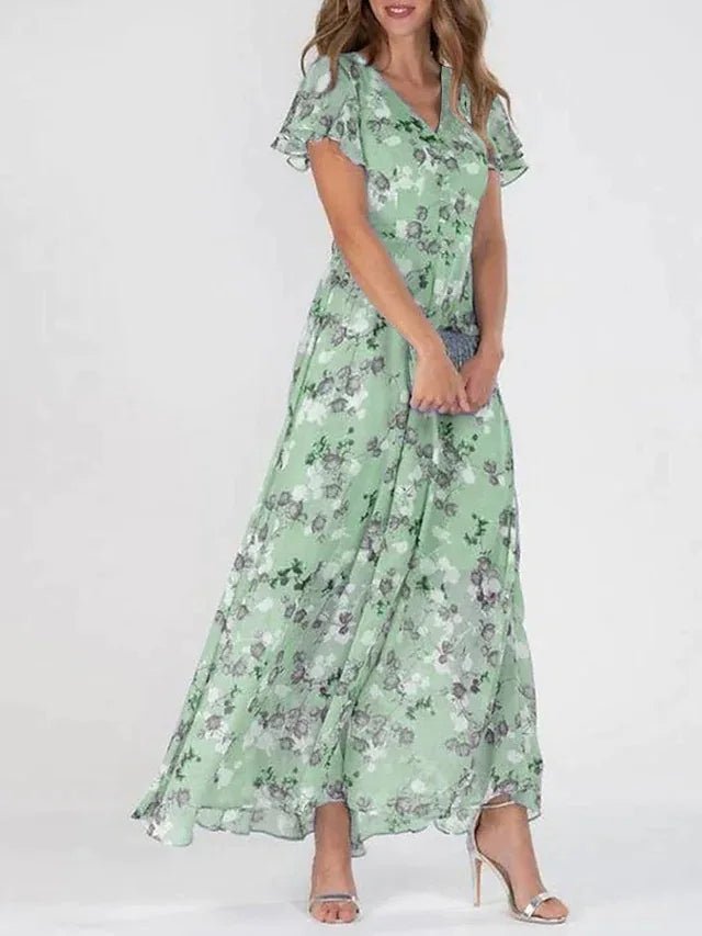 Vestido de mujer fluido y largo con diseño floral. Cómodo para primavera y verano, look elegante y fresco.
