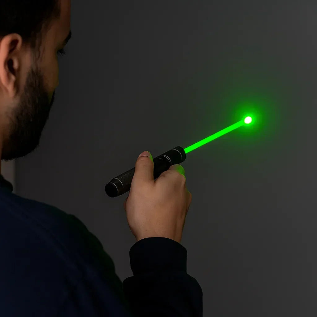 Linterna láser potente de largo alcance, ideal para exteriores, aventura y astronomía.