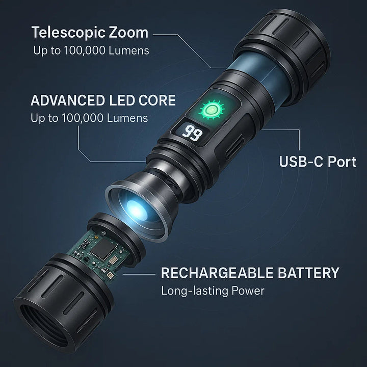 Linterna potente de 100.000 lúmenes con batería de 5000mAh y carga USB-C. Ideal para exterior.