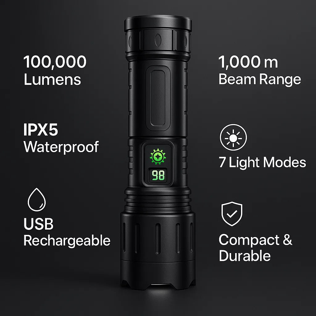 Linterna táctica IPX5 con 100.000 lúmenes, batería de 5000mAh y power bank. Esencial para exterior.