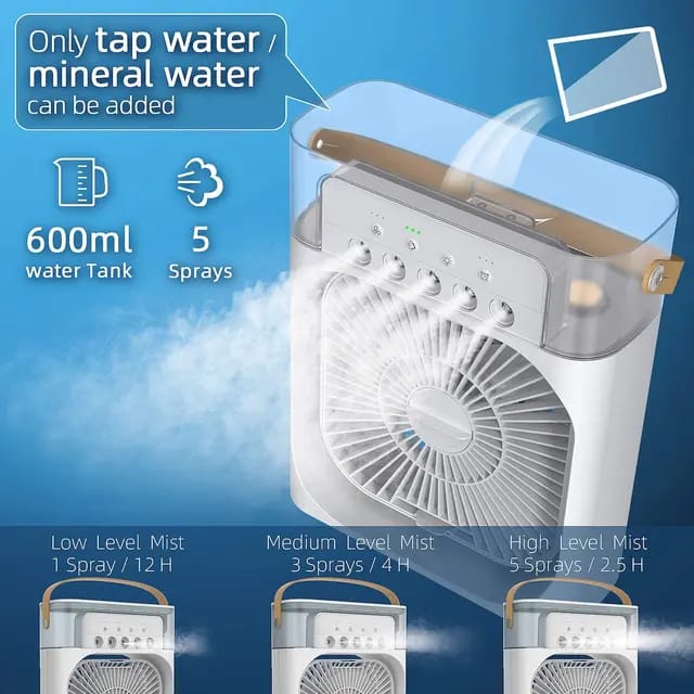 Ventilador humidificador mini USB, recargable y portátil. Perfecto para escritorio en oficina o mesa de noche.