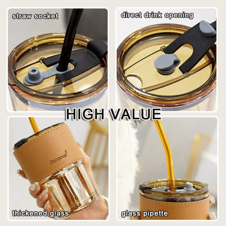 Vaso de vidrio para café de 450 ml, reutilizable, con tapa y pajita, perfecto para disfrutar tu bebida.