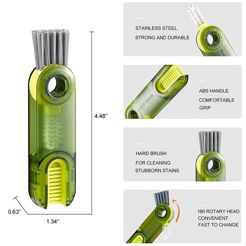 Cepillo versátil 3 en 1, esencial para limpieza profunda y mantenimiento higiénico de botellas y vasos.