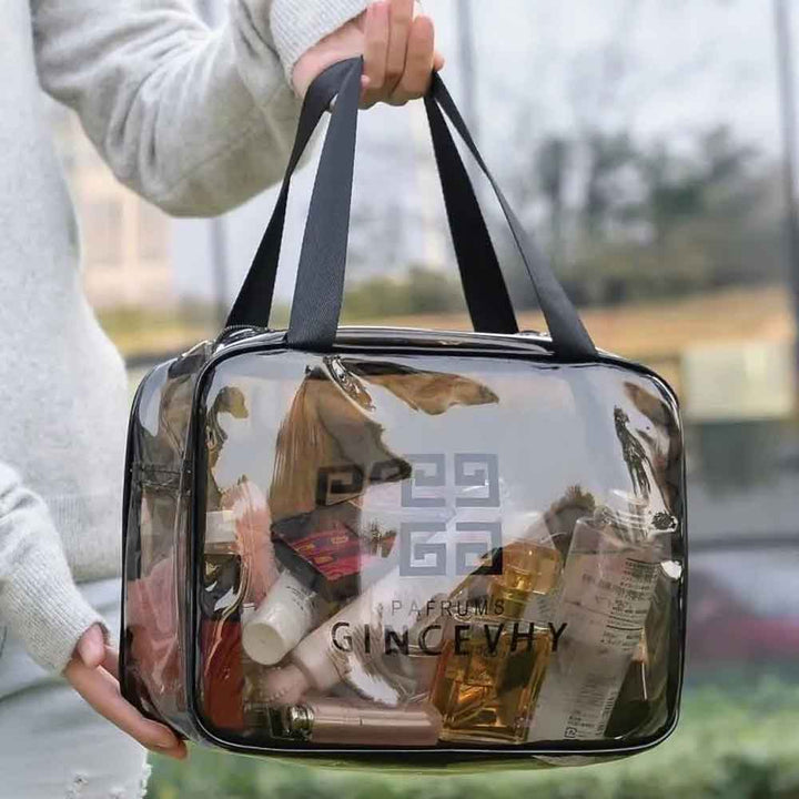 Organizador transparente impermeable para viajes, perfecto para cosméticos. Mantén tus artículos de tocador ordenados y visibles.