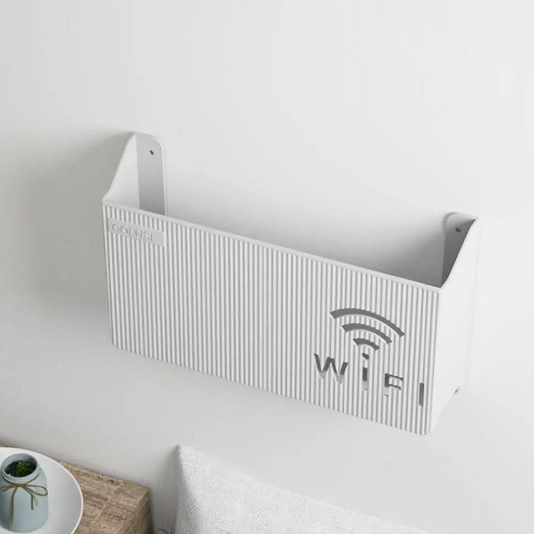 Estante organizador de pared blanco para router Wi-Fi y dispositivos electrónicos de hogar. Almacenamiento eficiente.