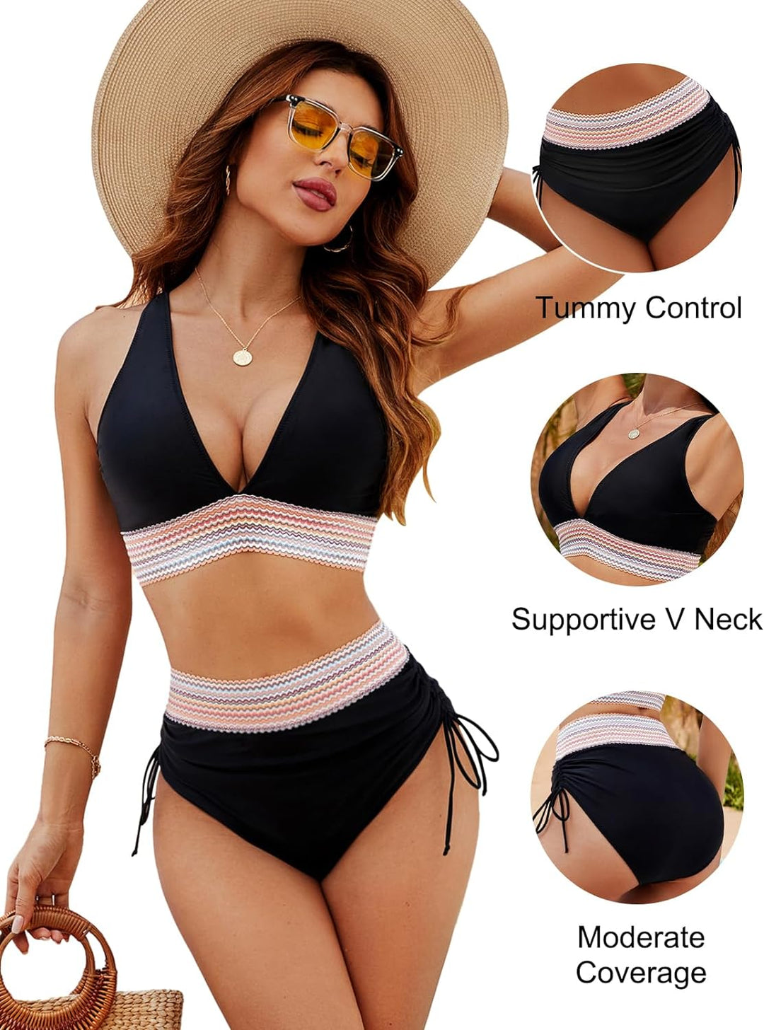 Bikini elegante de mujer, dos piezas ajustables, ideal para playa.