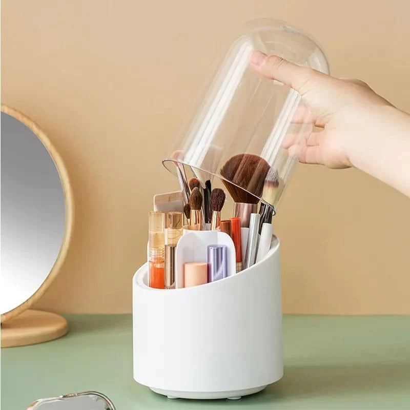 Estuche organizador giratorio para maquillaje, almacena brochas y cosméticos. Mantiene tu escritorio ordenado.