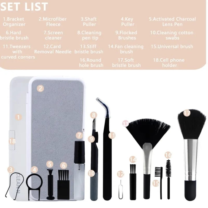 Accesorios de limpieza para gadgets: kit 18 en 1 para pantallas, teclados, móviles y equipos electrónicos.