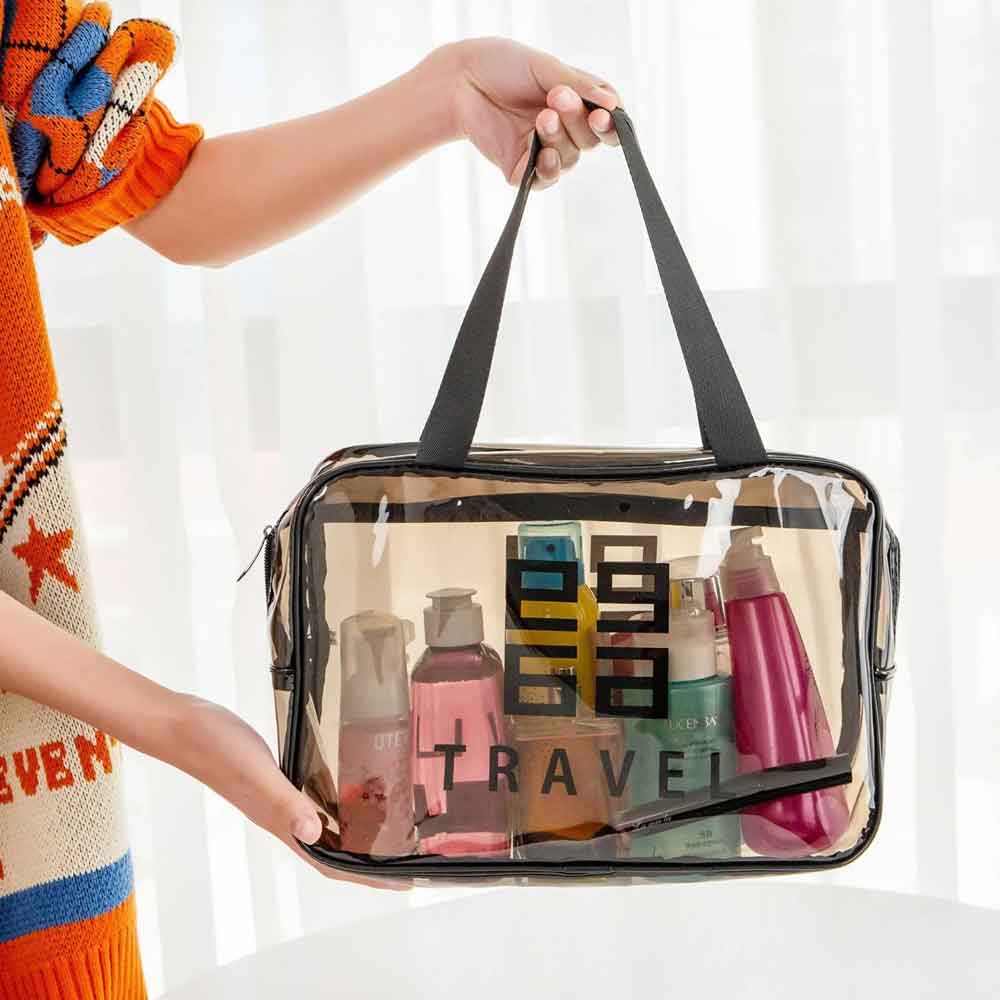 Organizador de neceser transparente e impermeable para viajes. Guarda cosméticos y artículos de tocador de forma segura.