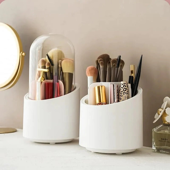 Práctico organizador de maquillaje giratorio 360°, optimiza espacio en tu tocador o escritorio, con tapa.