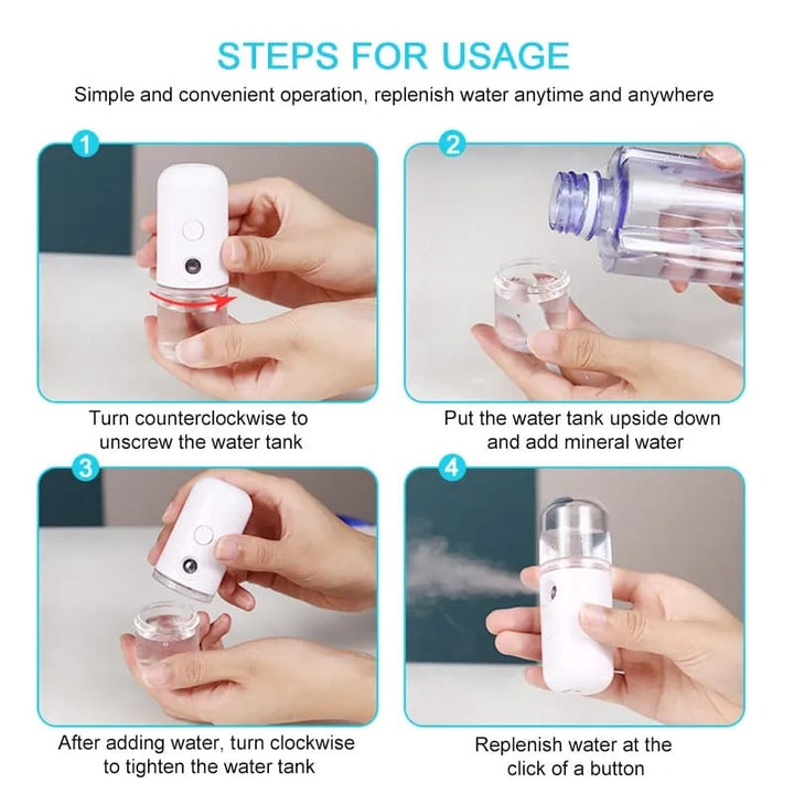 Humidificador facial USB compacto para frescura instantánea. Ideal para mantener la piel hidratada sobre la marcha.