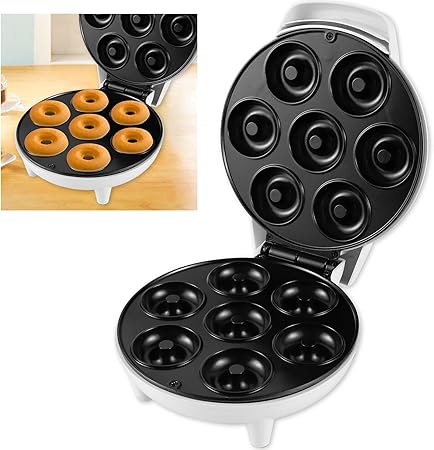 Máquina eléctrica compacta para mini donas caseras. Ideal para desayunos rápidos y postres divertidos. Superficie antiadherente.