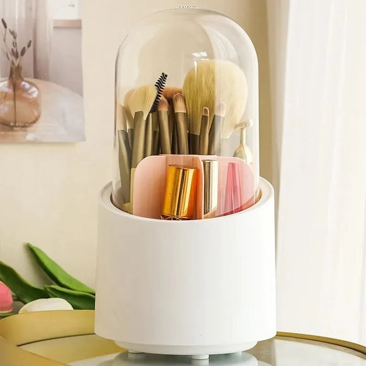 Elegante organizador giratorio de maquillaje con tapa antipolvo para proteger tus cosméticos y brochas.