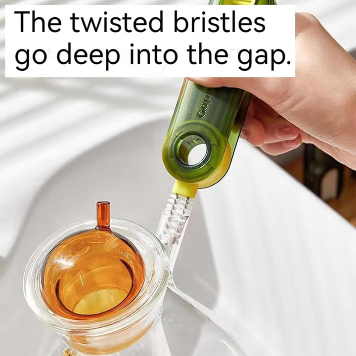 Diseño ergonómico del cepillo de limpieza 3 en 1, asegurando higiene impecable para botellas y tapas.
