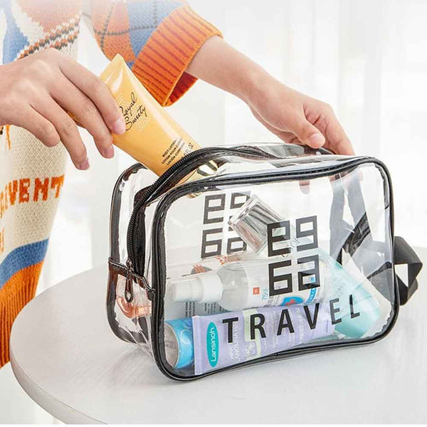 Neceseres impermeables transparentes para organizar artículos de tocador y maquillaje en viajes. Almacenamiento portátil y resistente.