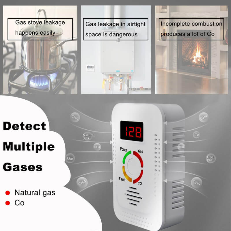 Detector de monóxido de carbono y gas natural compacto. Seguridad esencial con alertas visuales.