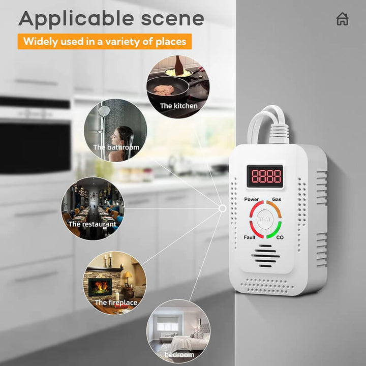 Detector de gas y CO 2 en 1, compacto para el hogar. Alertas visuales y sonoras de seguridad doméstica.