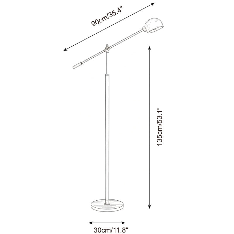 Lámpara de lectura de pie con brazo oscilante, columna de madera y metal para un hogar acogedor.