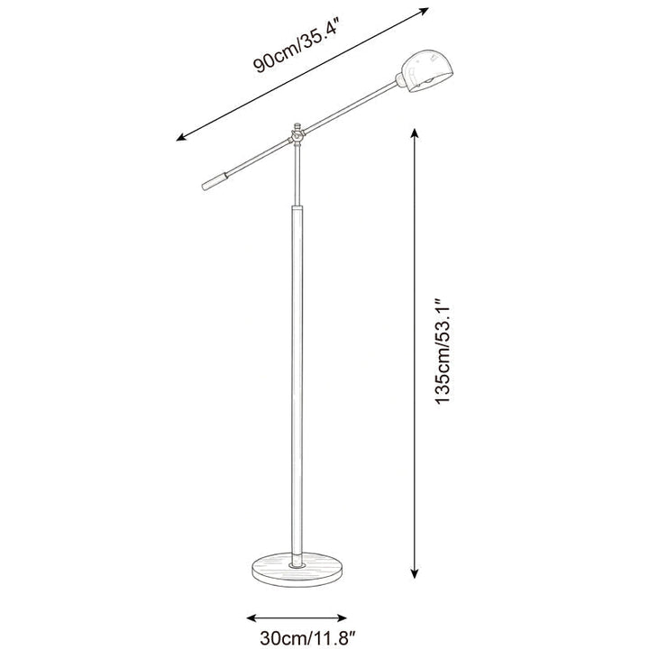 Lámpara de lectura de pie con brazo oscilante, columna de madera y metal para un hogar acogedor.