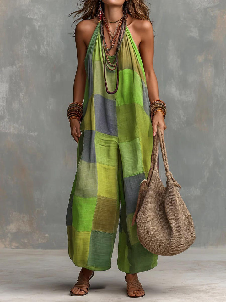 Mono casual de mujer con patchwork, algodón y lino para máxima comodidad, estilo bohemio de verano.