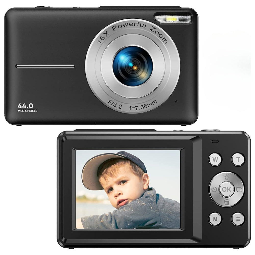 Cámara compacta recargable con vídeo 1080P y función webcam, ideal para vlogs y streaming.
