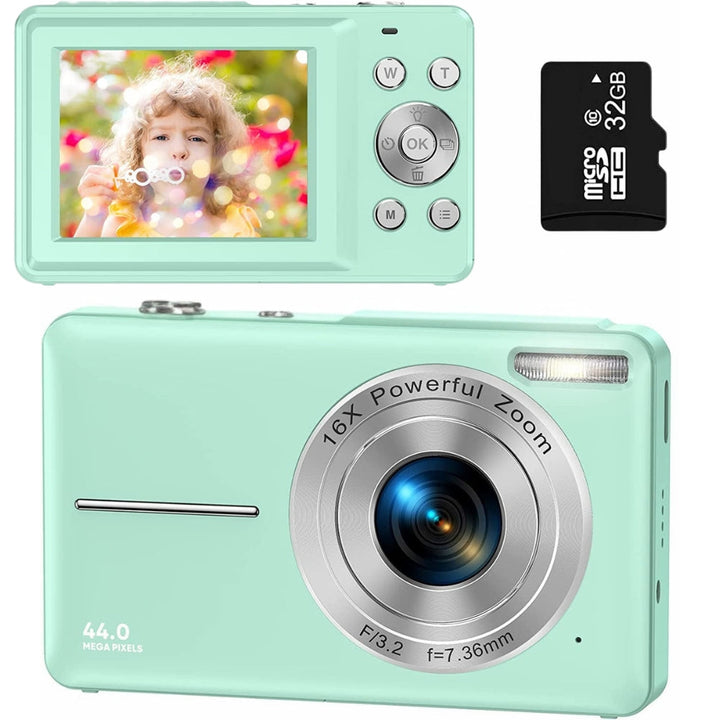 Cámara digital compacta 44MP con pantalla LCD, captura vídeo 1080P y zoom 16X.
