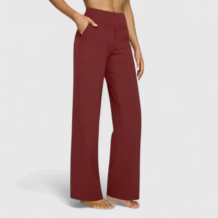 Pantalón elástico para mujer, vista lateral, ajuste perfecto y silueta estilizada.