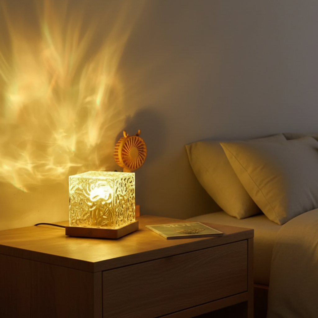 Lámpara LED Aurora Boreal proyectando luz ambiental. Colores personalizables para un espacio moderno y un ambiente relajante.