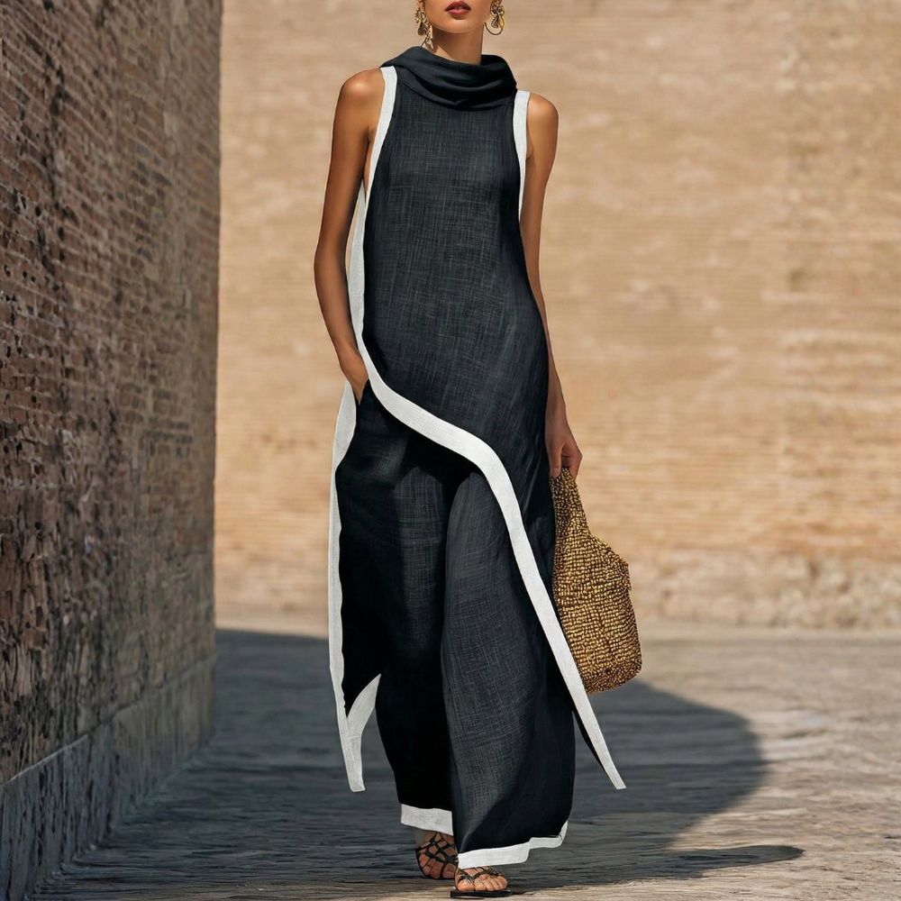 Conjunto de dos piezas de lino y algodón para mujer: túnica asimétrica y pantalón ancho. Ideal para verano elegante.