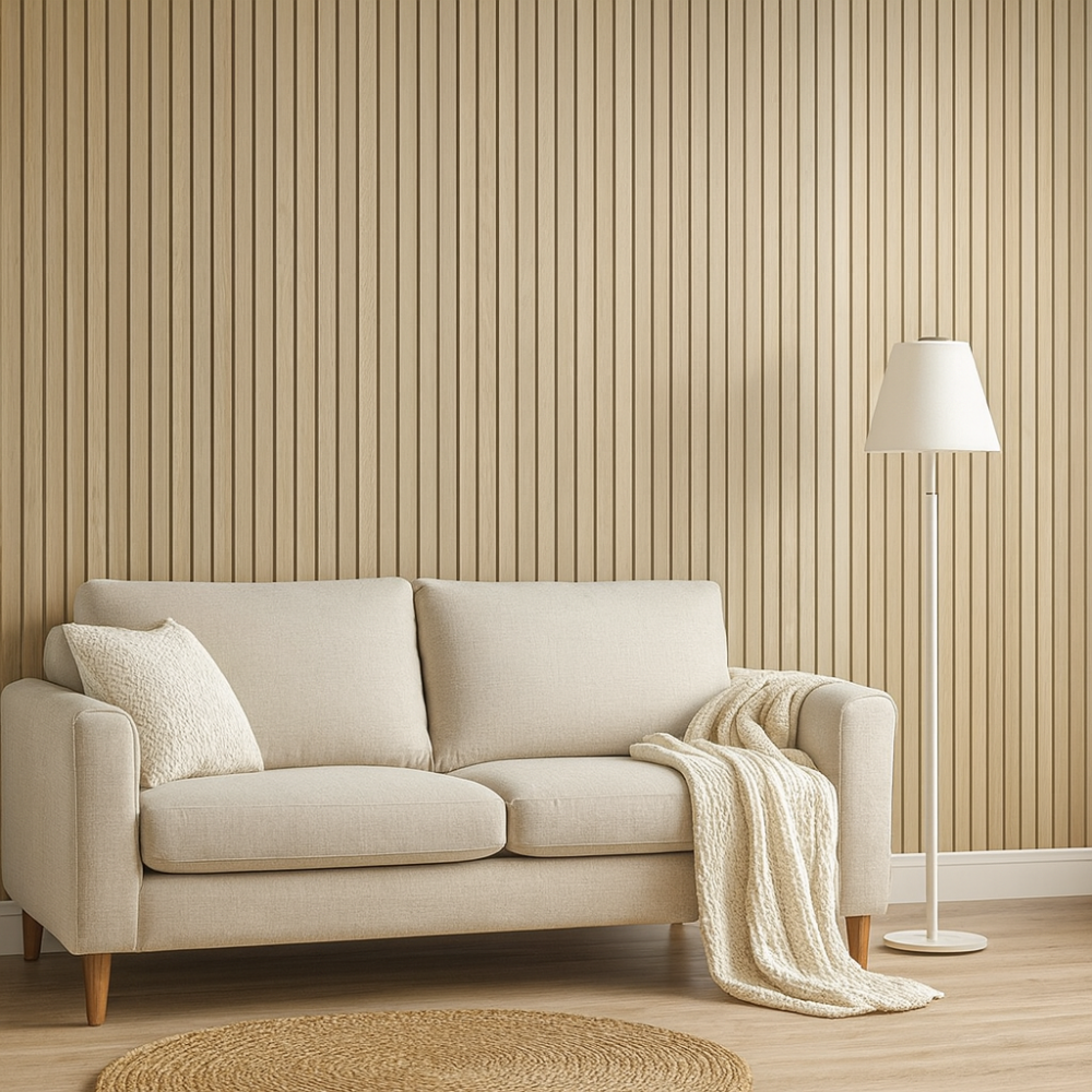 Panel de pared moderno autoadhesivo con diseño 3D efecto madera para un interior cálido.