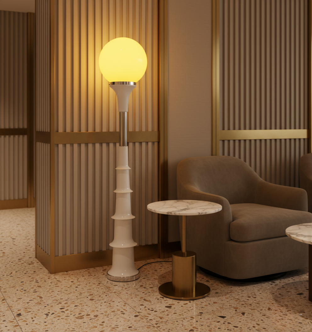 Lámpara de pie moderna que aporta luz ambiental y decoración única a cualquier salón.