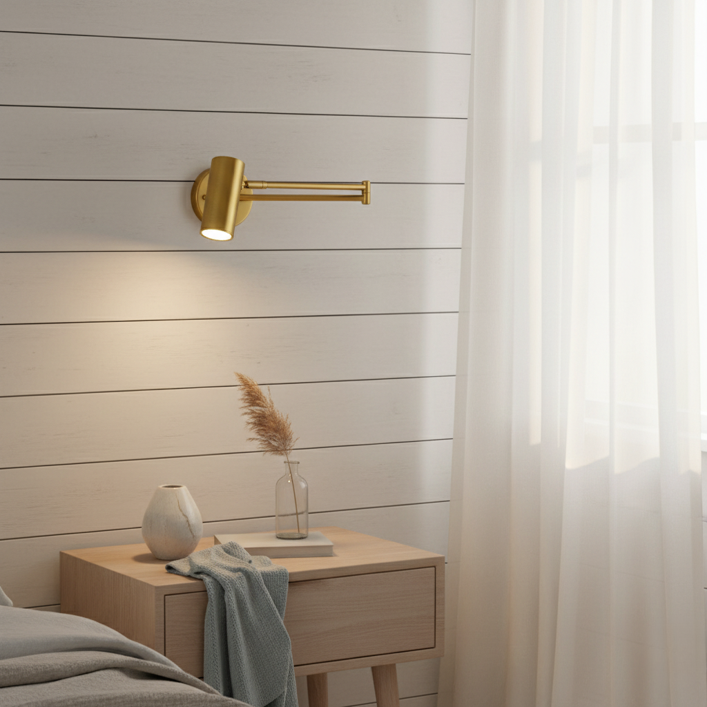 Aplique LED minimalista con brazo oscilante, diseño moderno para interiores, iluminación funcional de pared.