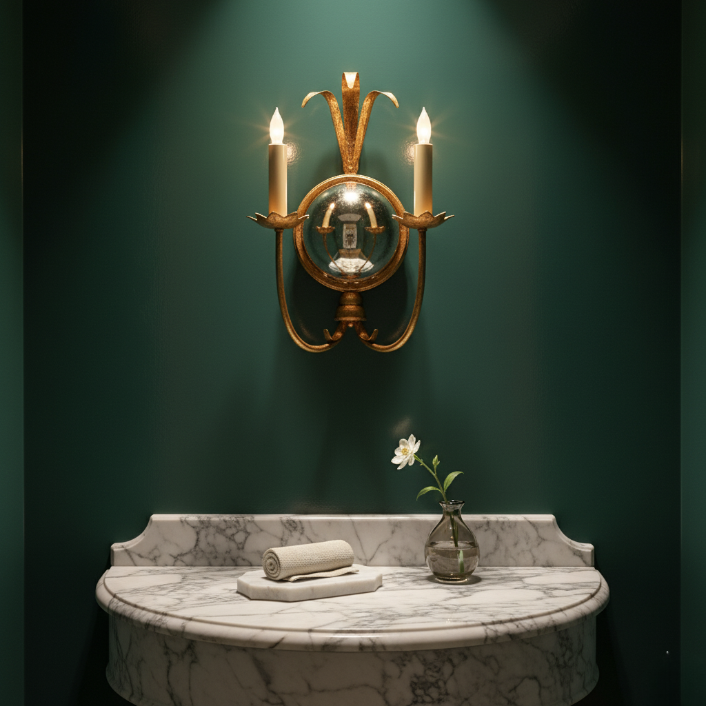Aplique de pared de latón antiguo con espejo, luces tipo vela. Perfecto para decoración clásica y vintage.