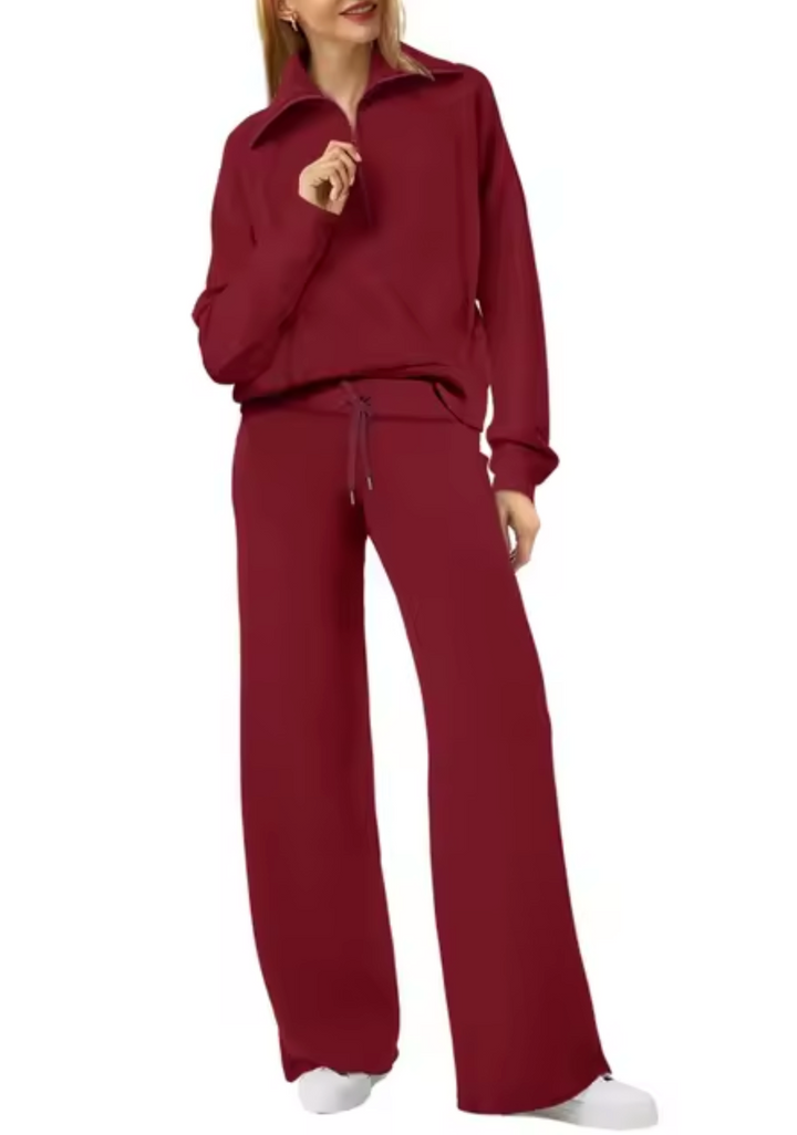 Elegante conjunto de sudadera y pantalón de mujer, ropa cómoda y chic para un look casual.